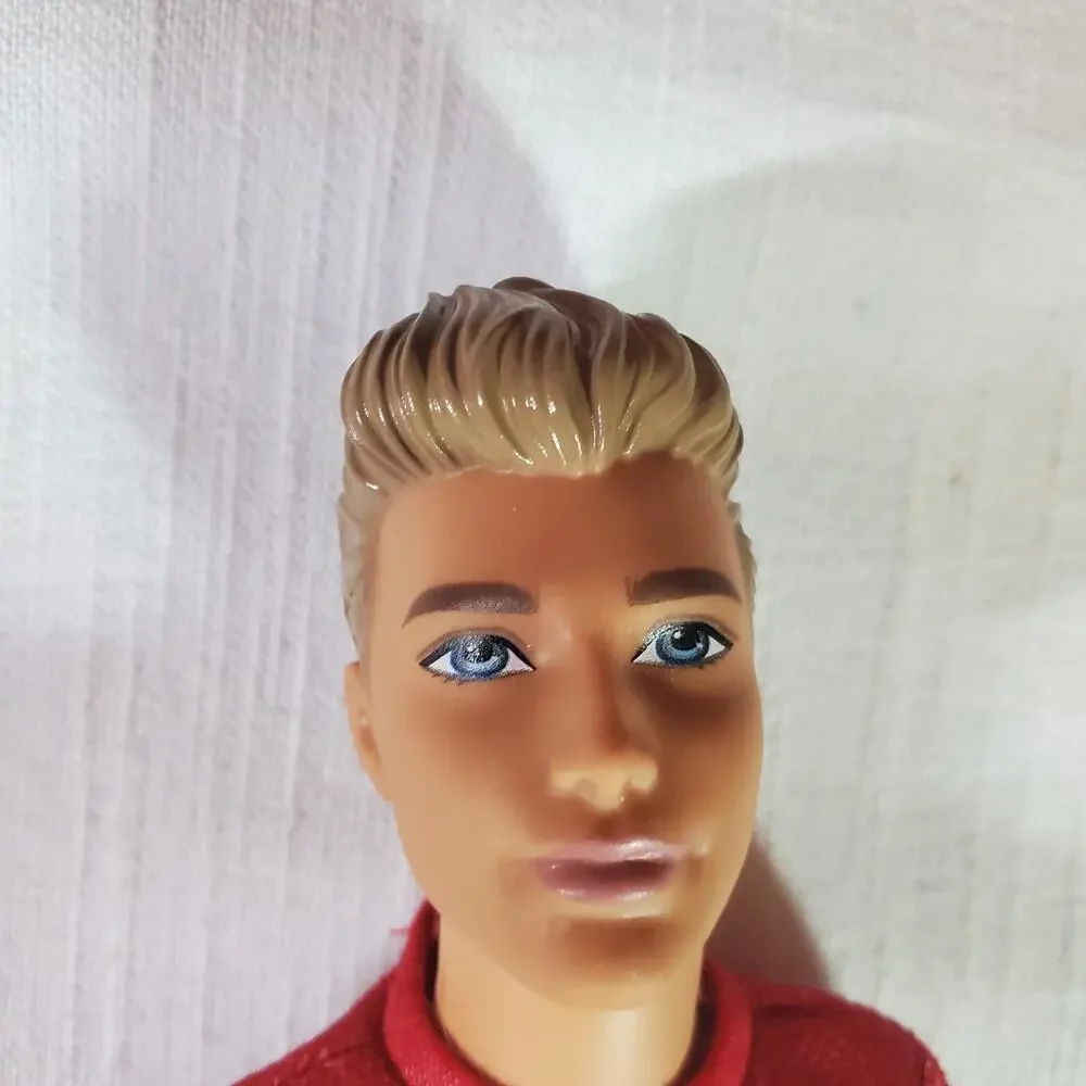 Barbie Ken Doll Mattel Male Fashion Doll Blonde Hair Red Shirt Navy Blue Shorts